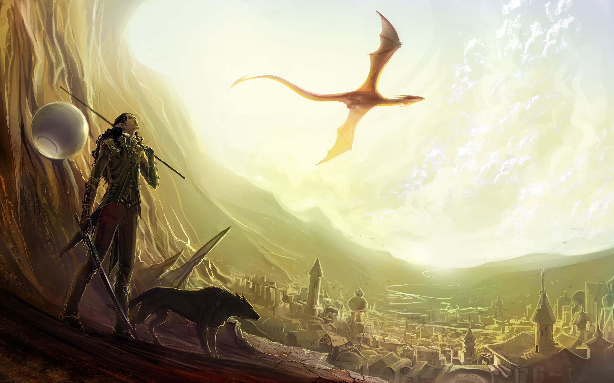 3d обои Эльф и пёс стоят на скалах опоясывающих город над которым высоко в небе пролетает дракон  фэнтези # 85063