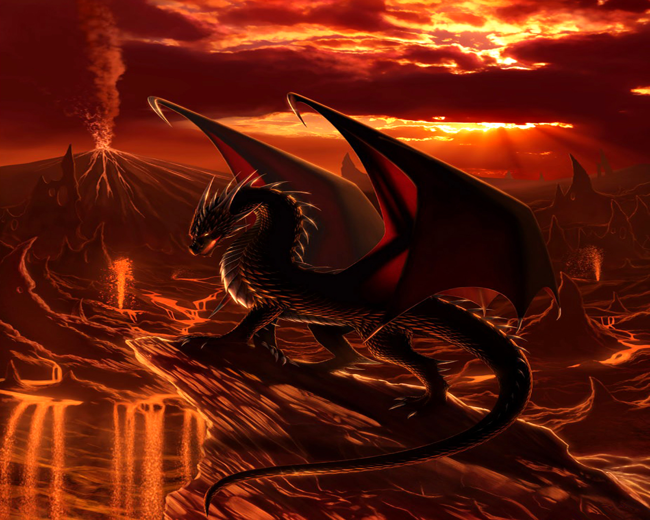 3d обои Дракон около извергающегося вулкана  драконы # 35856