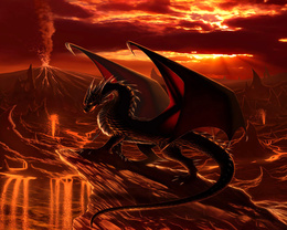 3d обои Дракон около извергающегося вулкана  драконы