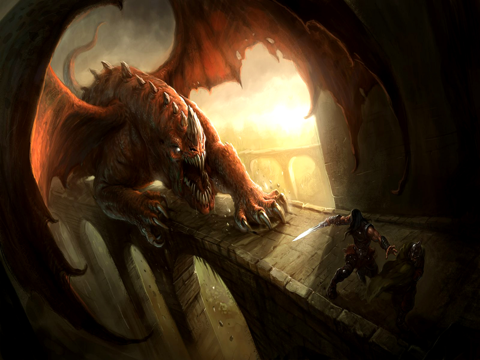 3d обои Битва с драконом на мосту  драконы # 35855