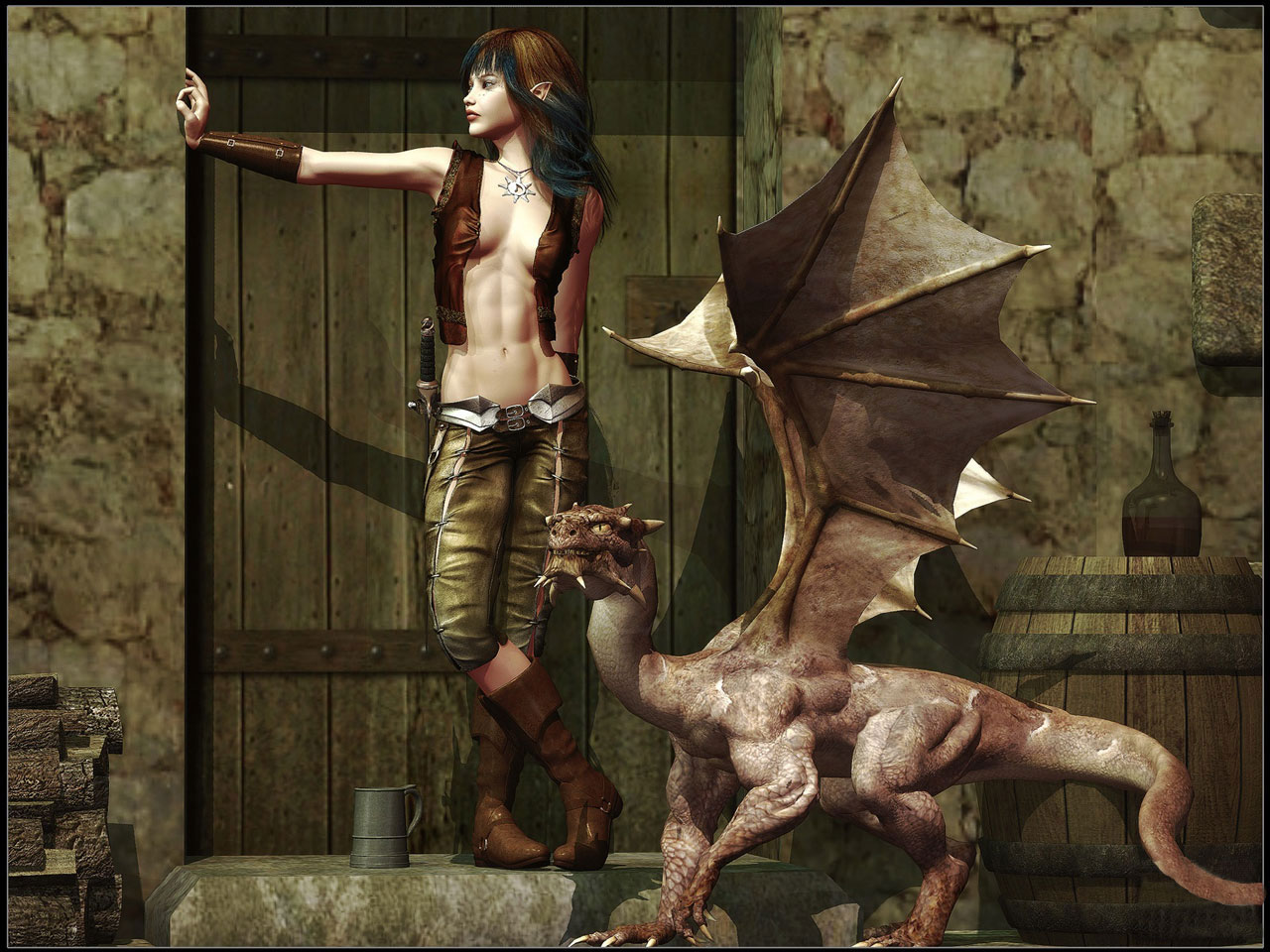 3d обои Девушка эльф с ручным драконом стоит возле двери в харчевню, Кружка, бочка, бутылка у ног  фэнтези # 85041