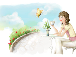 3d обои Девушка в белых штанах пьет кофе за ажурным столиком напротив нее летает бабочка и растут красные цветы  бабочки