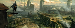 3d обои Иллюстрация для игры «Assassins Creed: Revelations» картина с изображением судостроительной верфи  3200х1200