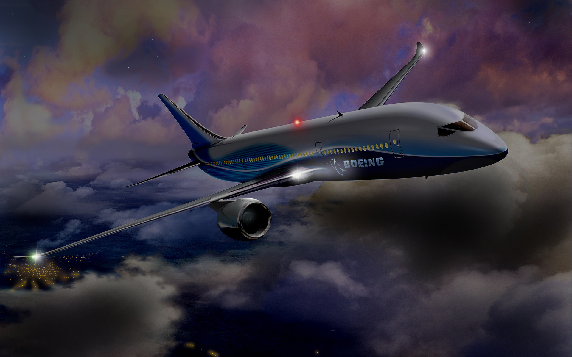 3d обои Самолет Boeing в облаках  ночь # 67496
