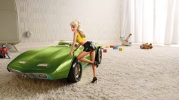 3d обои Кукла барби и ее зеленый кабриолет  авто