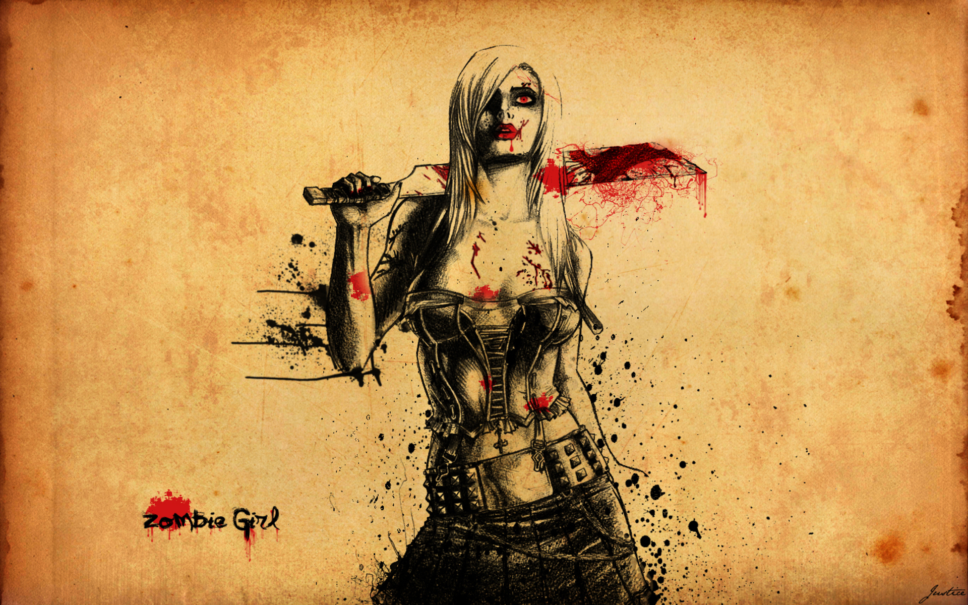 3d обои Девушка с окровавленным тесаком (Zombie Girl)  милитари # 53607
