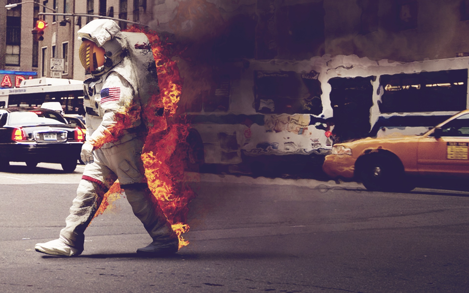 3d обои Горящий космонавт в скафандре идет по улице в Америке  огонь # 68055
