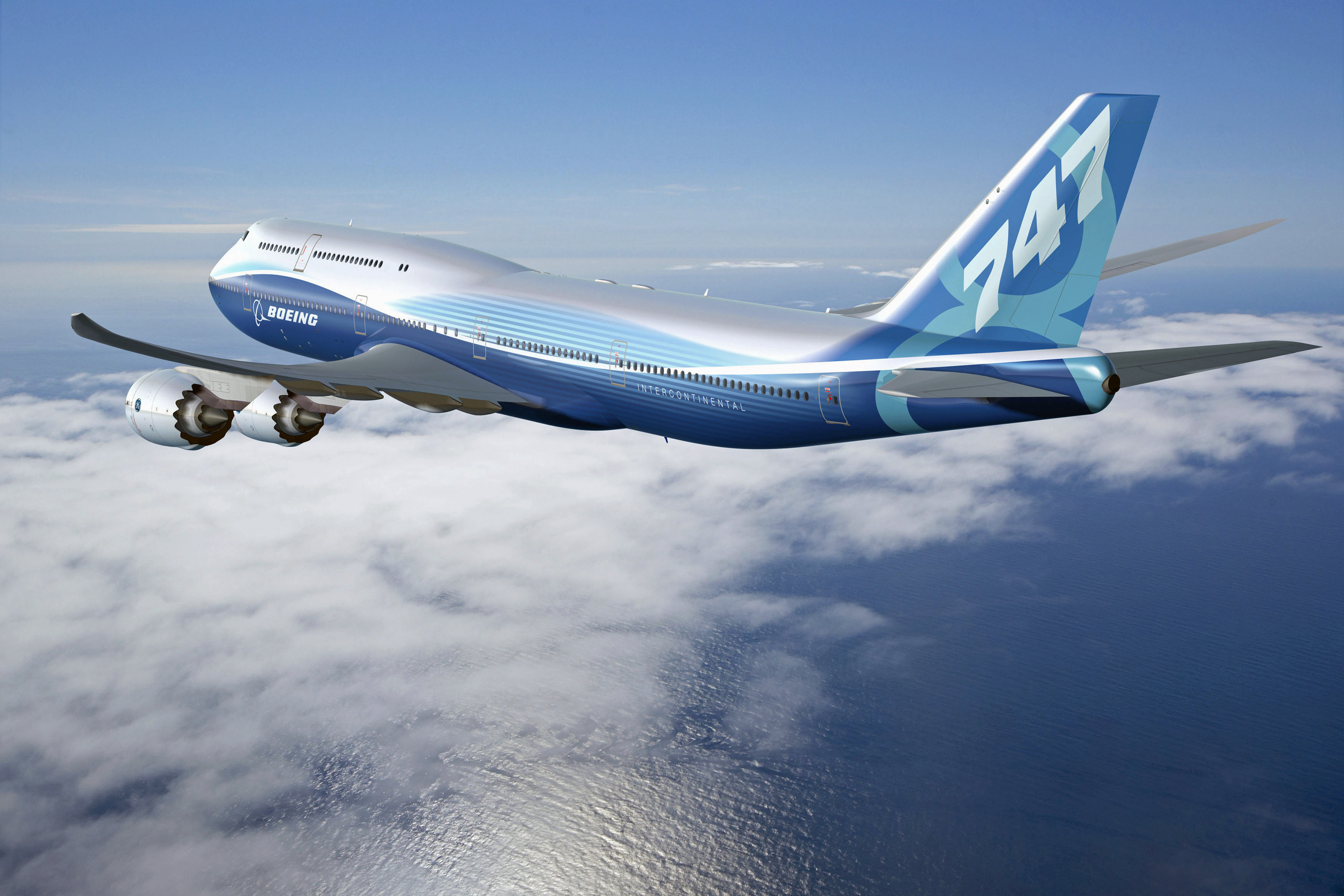 3d обои Boeing / Боинг747-8 летит над водой и над облаками (747)  самолеты # 79562