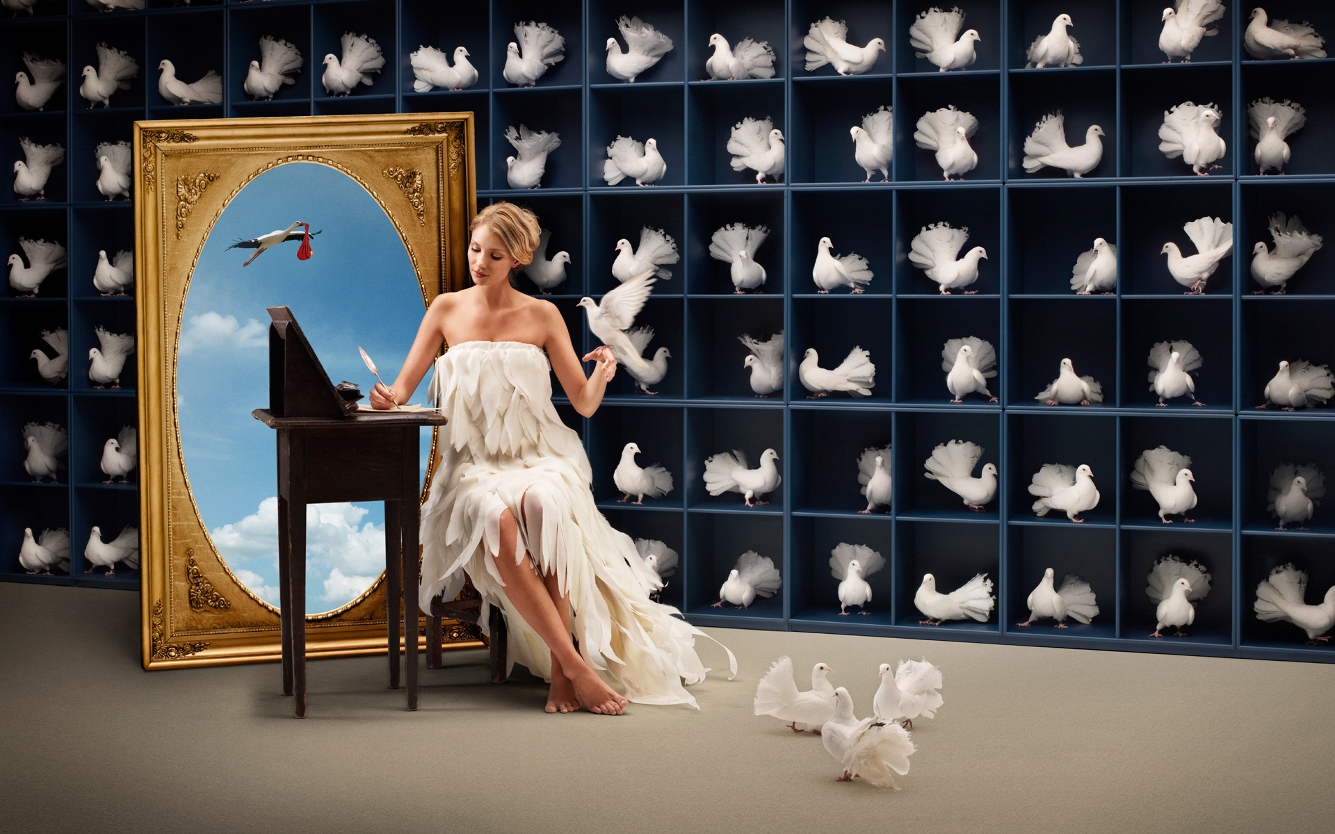 3d обои Повелительница птиц отправляет почтовых голубей с посланиями, в волшебном зеркале аиден аист несущий кому-то ребенка  птицы # 75727