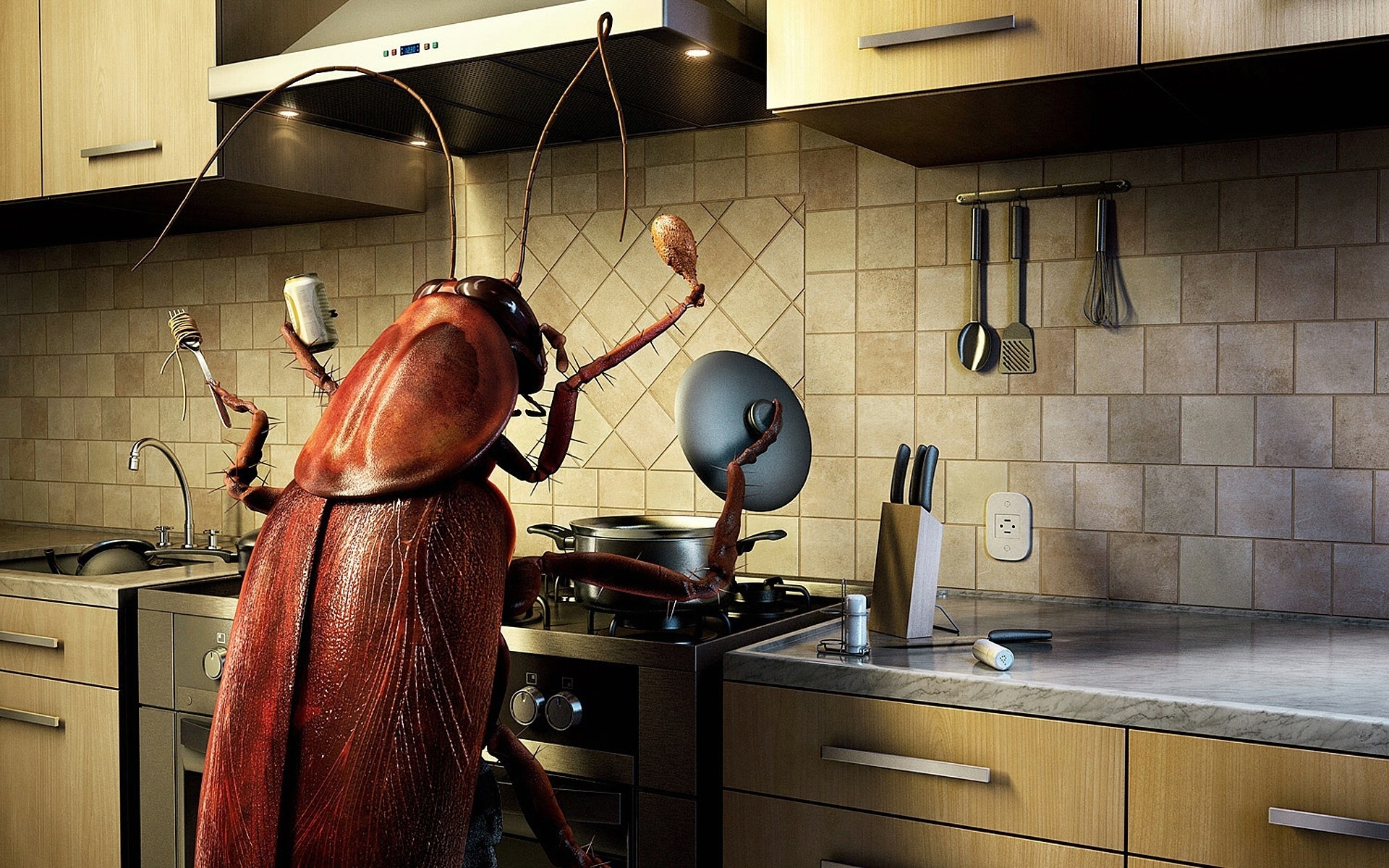 3d обои Огромный таракан хозяйничает у плиты  сюрреализм # 82187