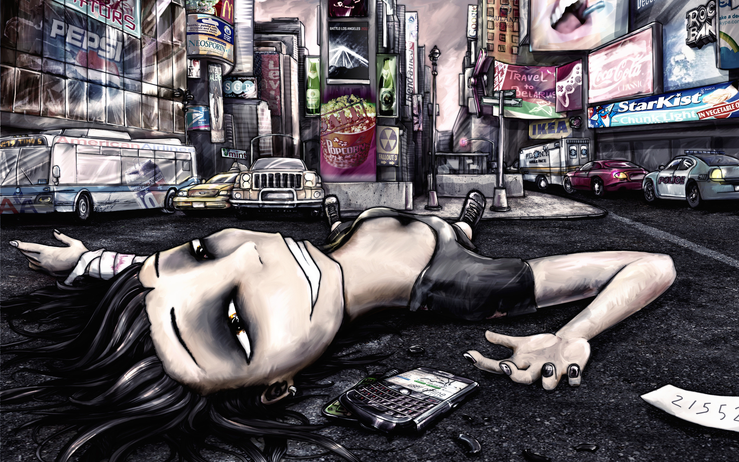 3d обои Девушка с забинтованными руками лежит на асфальте посреди города  техника # 82864