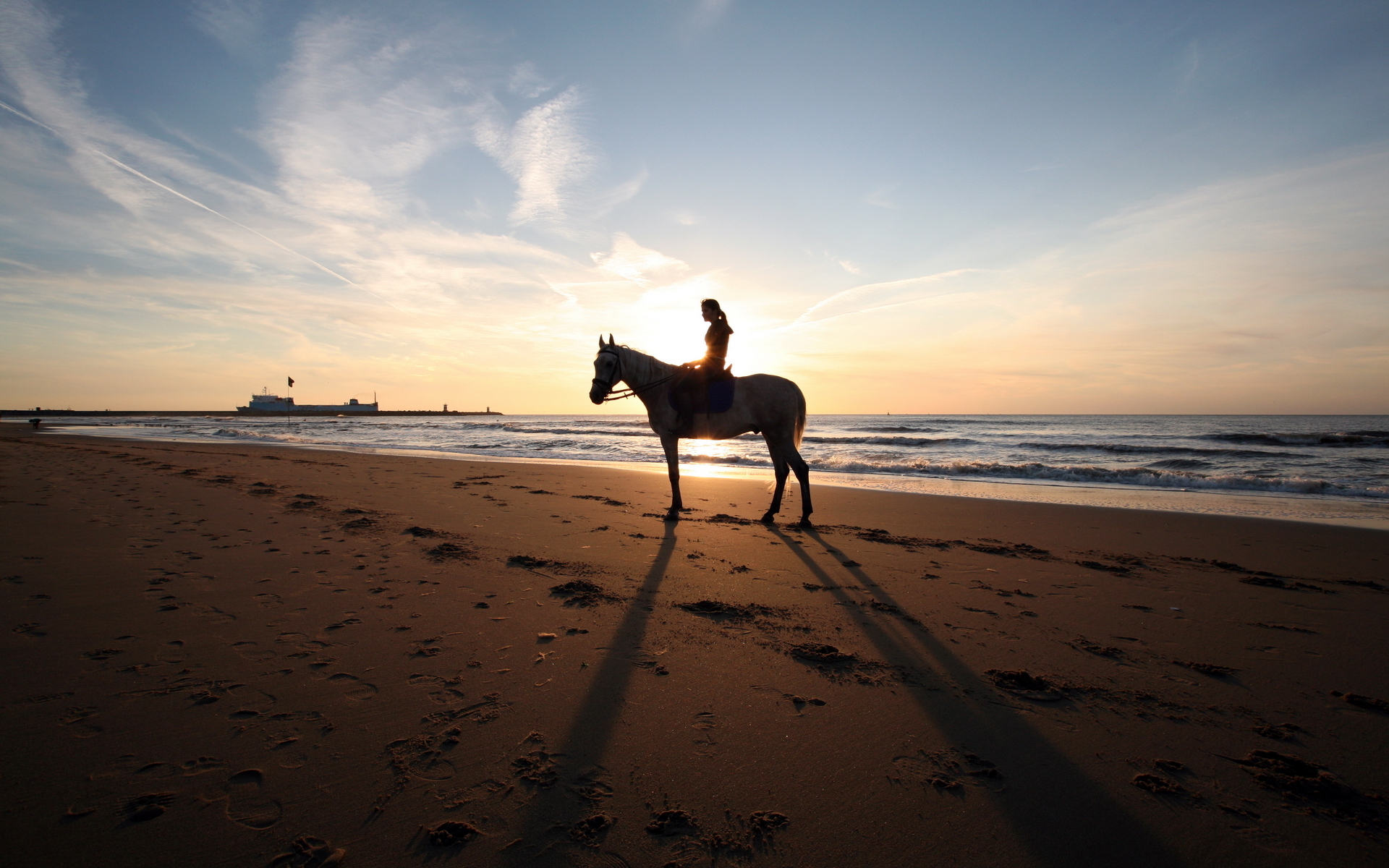 3d обои Девушка на лошади на пляже на закате  солнце # 81621