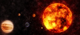 3d обои Огненная планета на фоне других планет  3200х1200