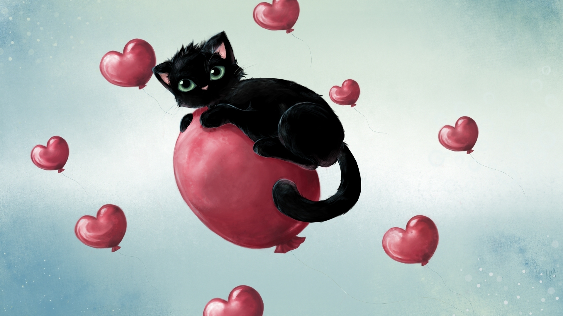 3d обои Черный кот сидит на воздушном шарике, вокруг летают шарики в форме сердечек  животные # 38423