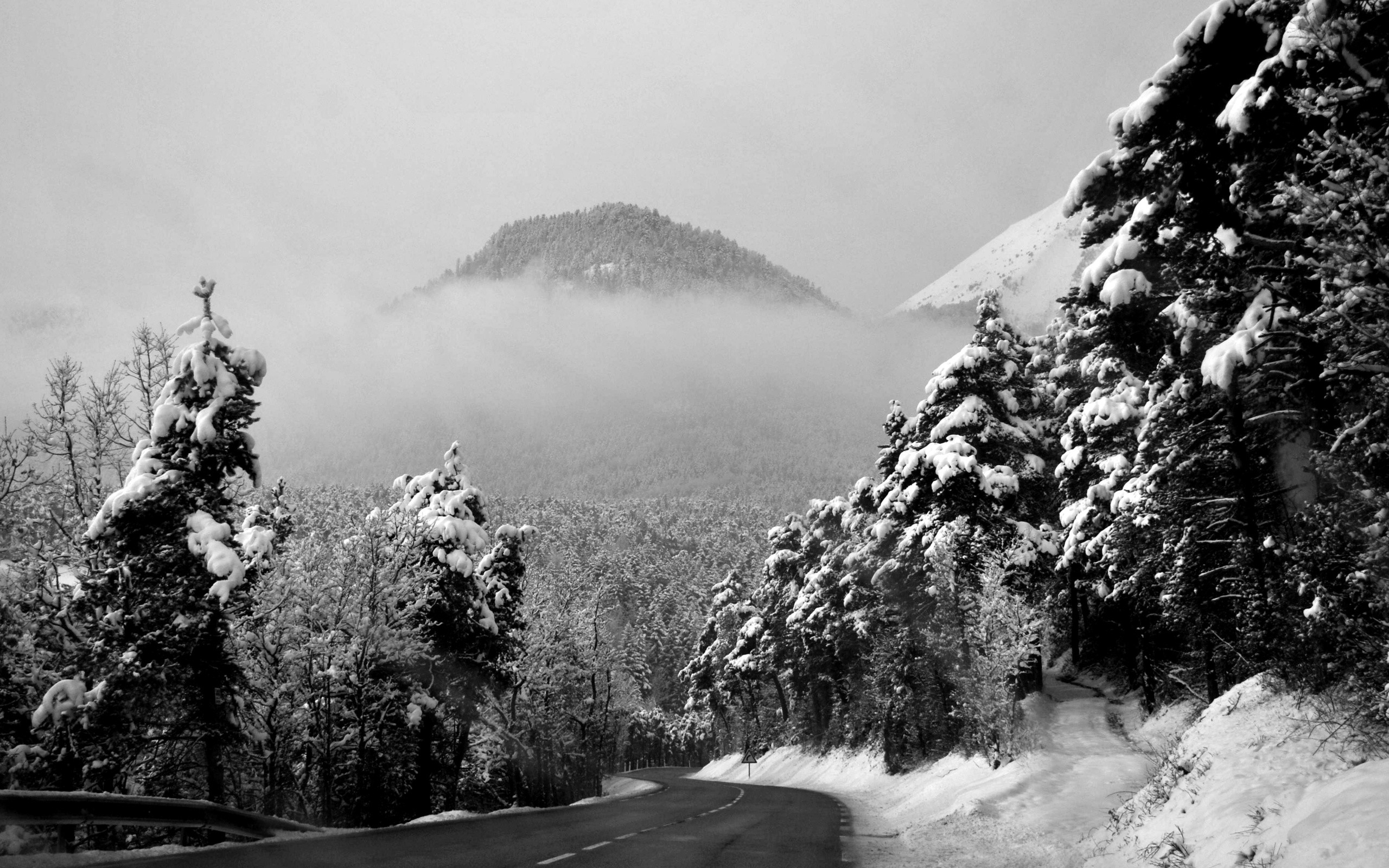 3d обои Зимняя горная дорога  черно-белые # 88688
