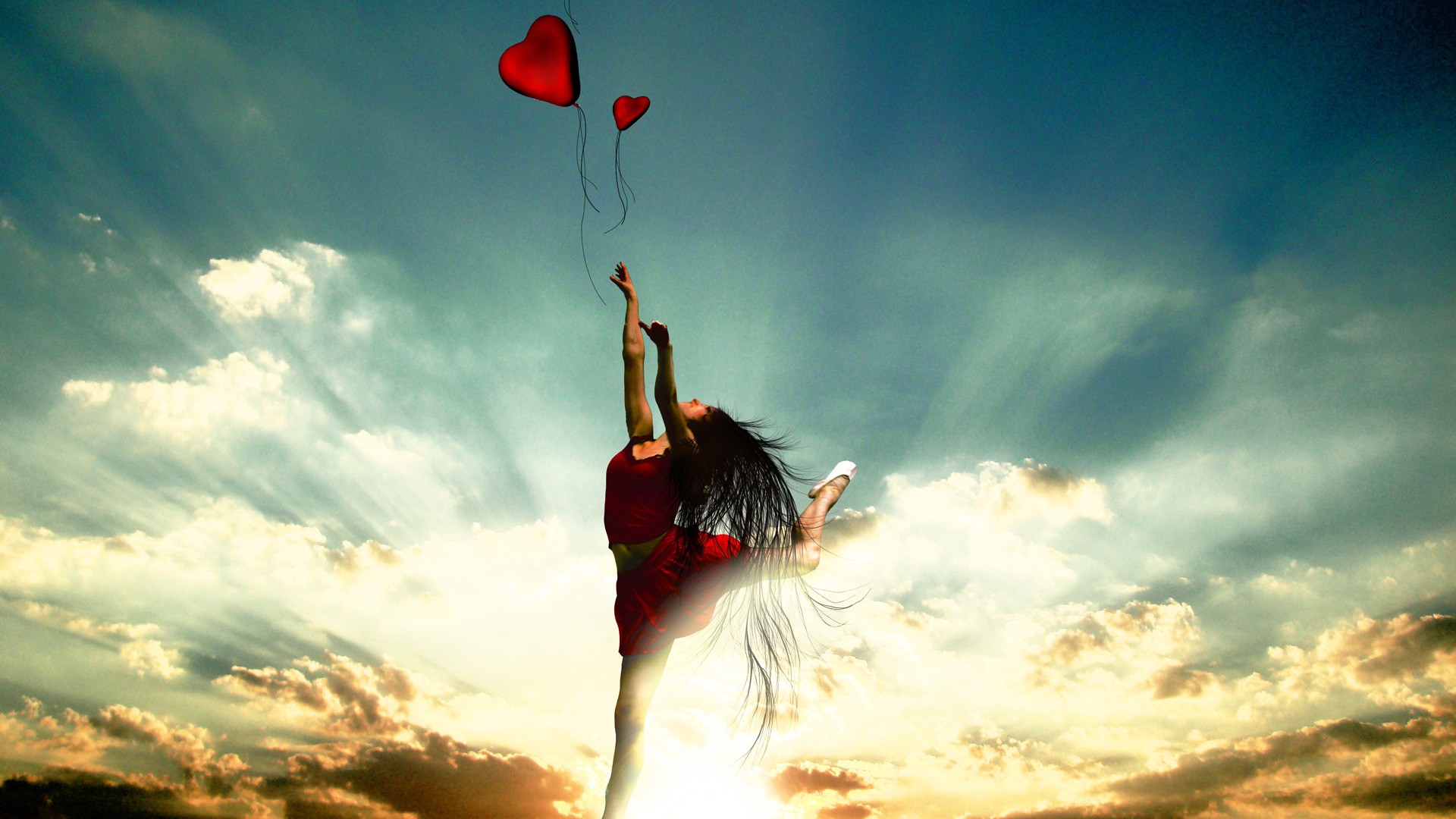 3d обои Девушка прыгает вверх за воздушными шарами в форме сердечек  эмоциональные # 89893