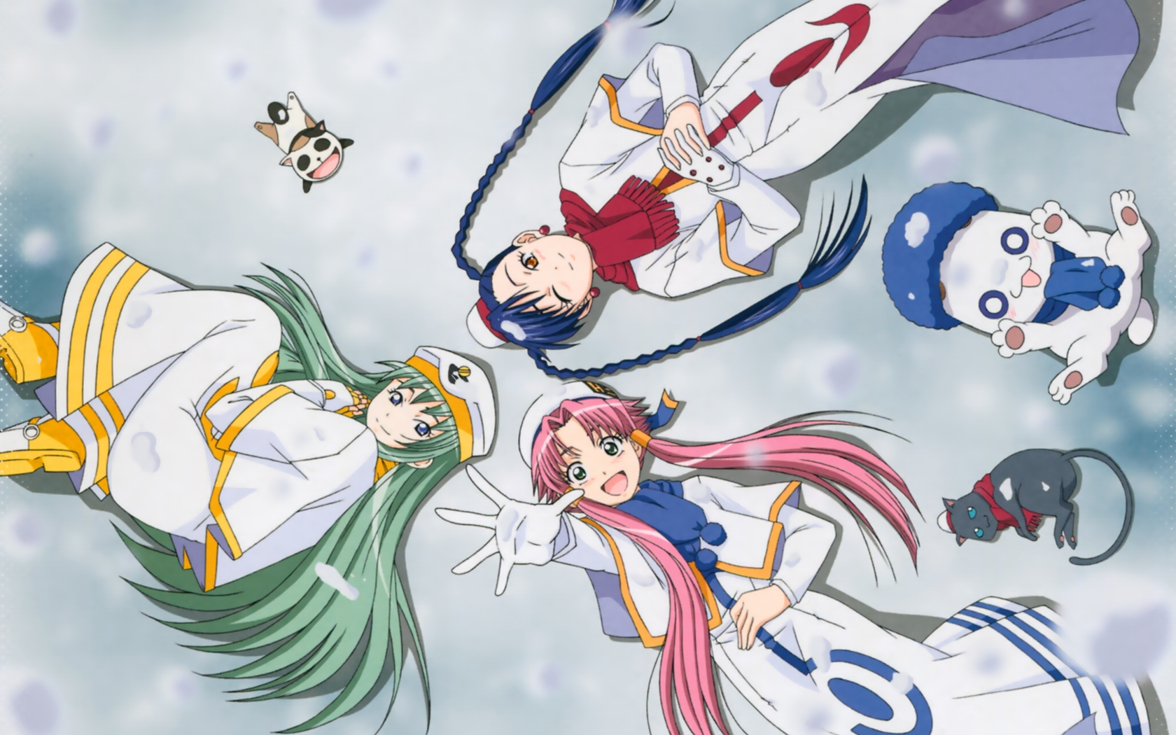 3d обои Алиса, Акари, Айко, призедент Ария, президент Химея, Ма-кун лежат на льду, аниме Ария  снег # 80529