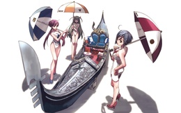 3d обои Алиса, Акари, Айко с зонтами возле гондолы, аниме Ария  корабли