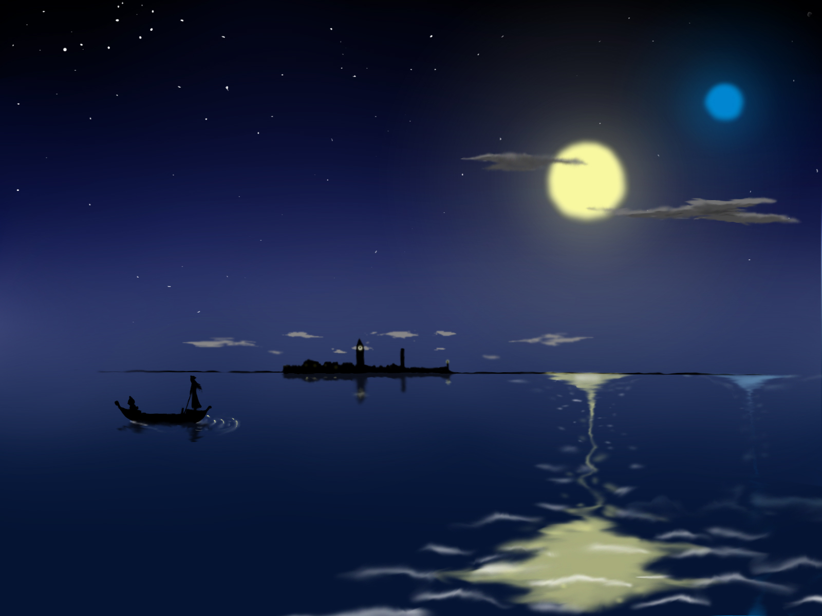 3d обои Алиссия и Акари ночью плавают на гондоле, аниме Ария  луна # 51465