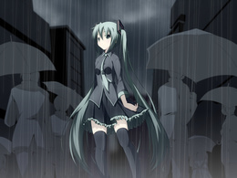 3d обои Вокалоид Мику Хатсуне под дождём в людском потоке  аниме
