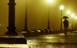 3d обои Одиноко шагает мужчина под зонтом по мокрой мостовой, освещаемой фонарями. За его спиной - неоновые огни города.  ночь