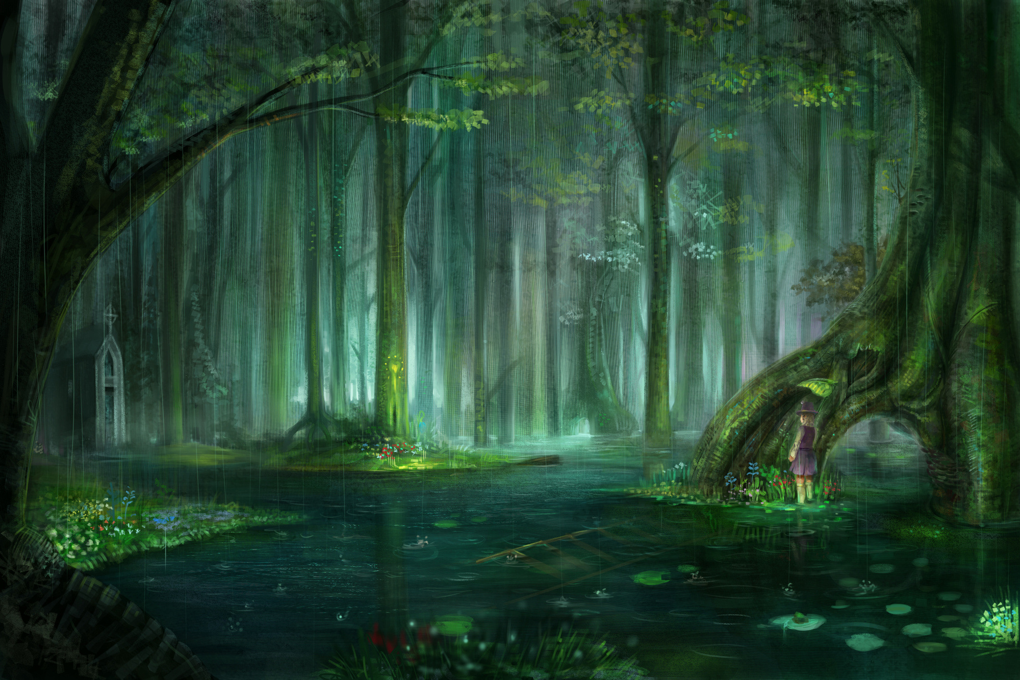 3d обои Дождь в лесу. Девочка стоит в луже и укрывается листком.  2000х1333 # 14964