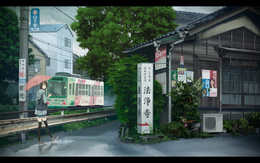 3d обои Девушка в кедах идет по японской улице под зонтом рядом проезжает трамвай  дома