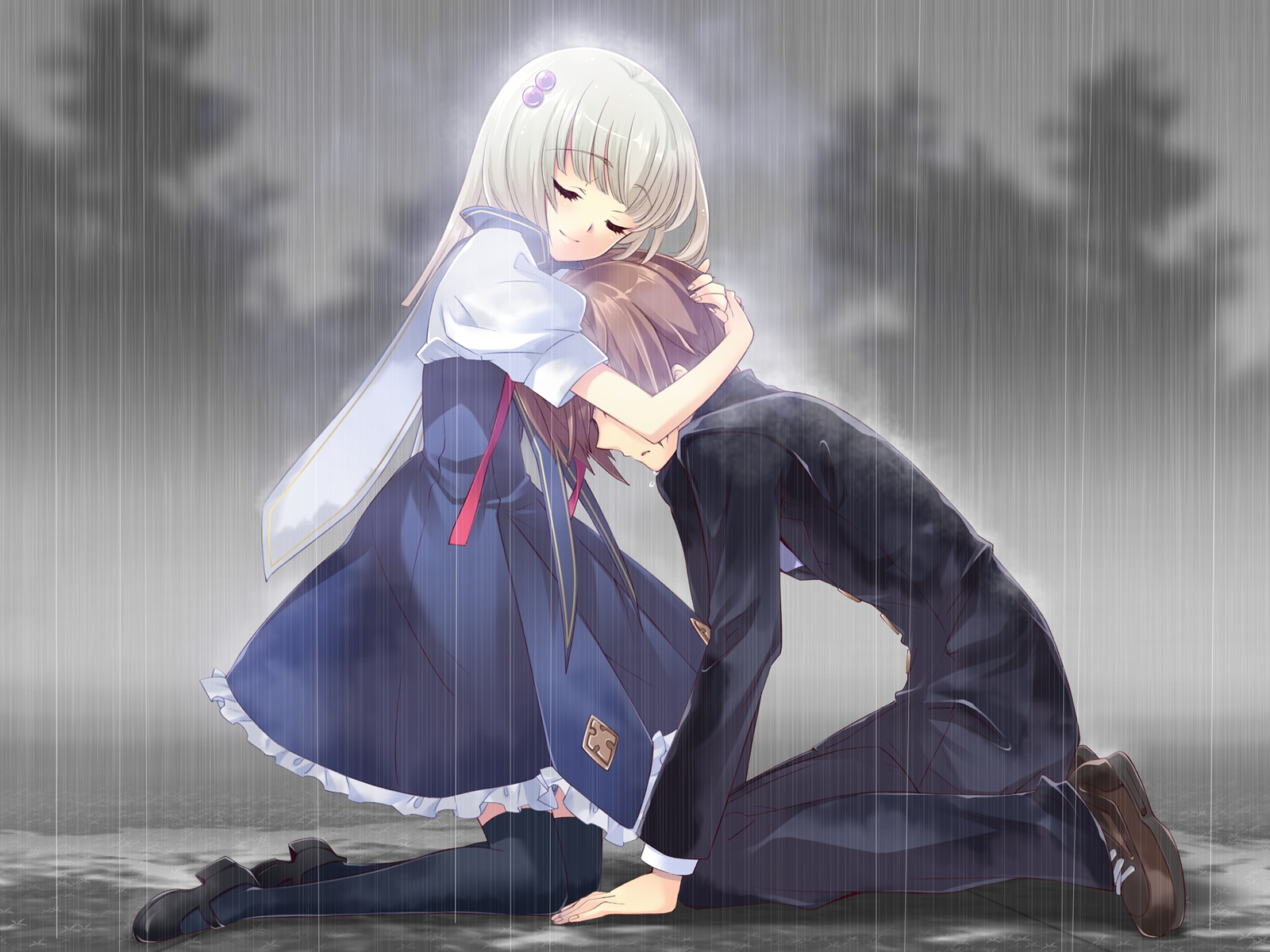 3d обои Девушка успокаивает парня под дождём  дождь # 34431