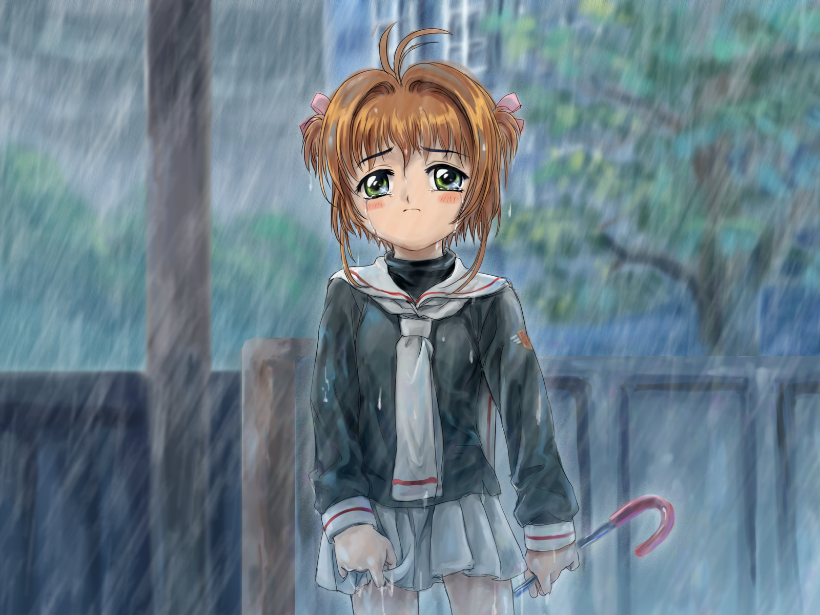 3d обои Сакура Киномото из аниме Сакура Собирательница карт плачет под дождём  дождь # 34430