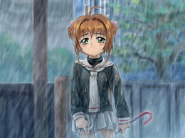 3d обои Сакура Киномото из аниме Сакура Собирательница карт плачет под дождём  деревья