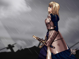 3d обои Сейбер из аниме «Fate. Stay Night» под дождём  дождь