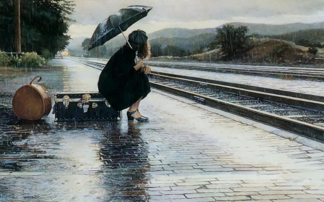 3d обои Девушка сидит на чемодане под дождём на железной станции в ожидании поезда  дождь # 34408