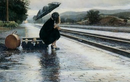 3d обои Девушка сидит на чемодане под дождём на железной станции в ожидании поезда  1280х800