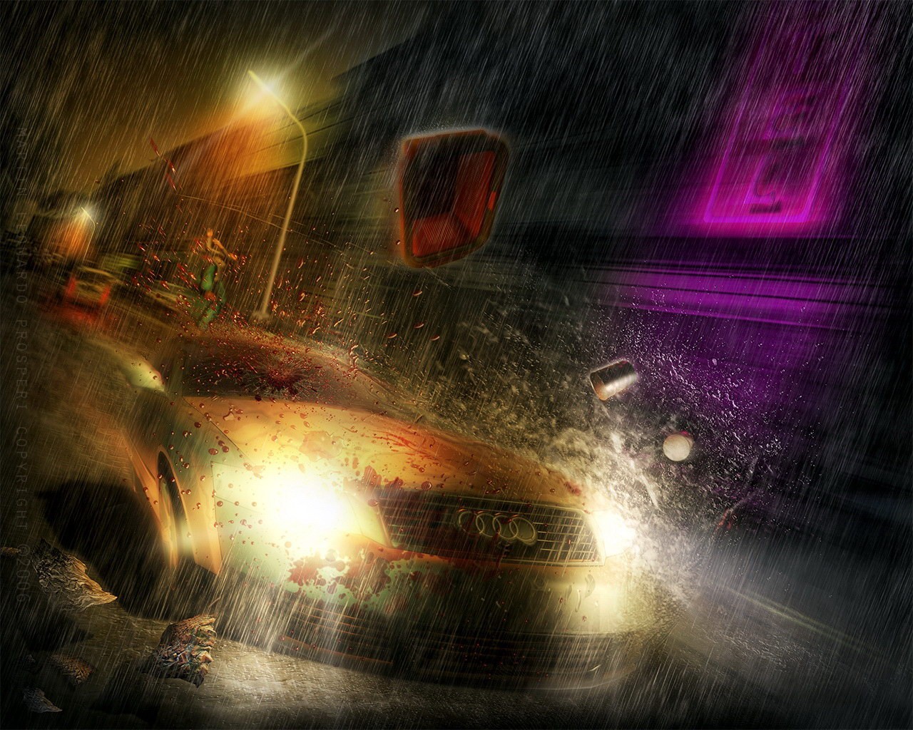 3d обои Ауди / Audi мчится под дождём в городе  капли # 44238