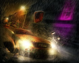 3d обои Ауди / Audi мчится под дождём в городе  вода