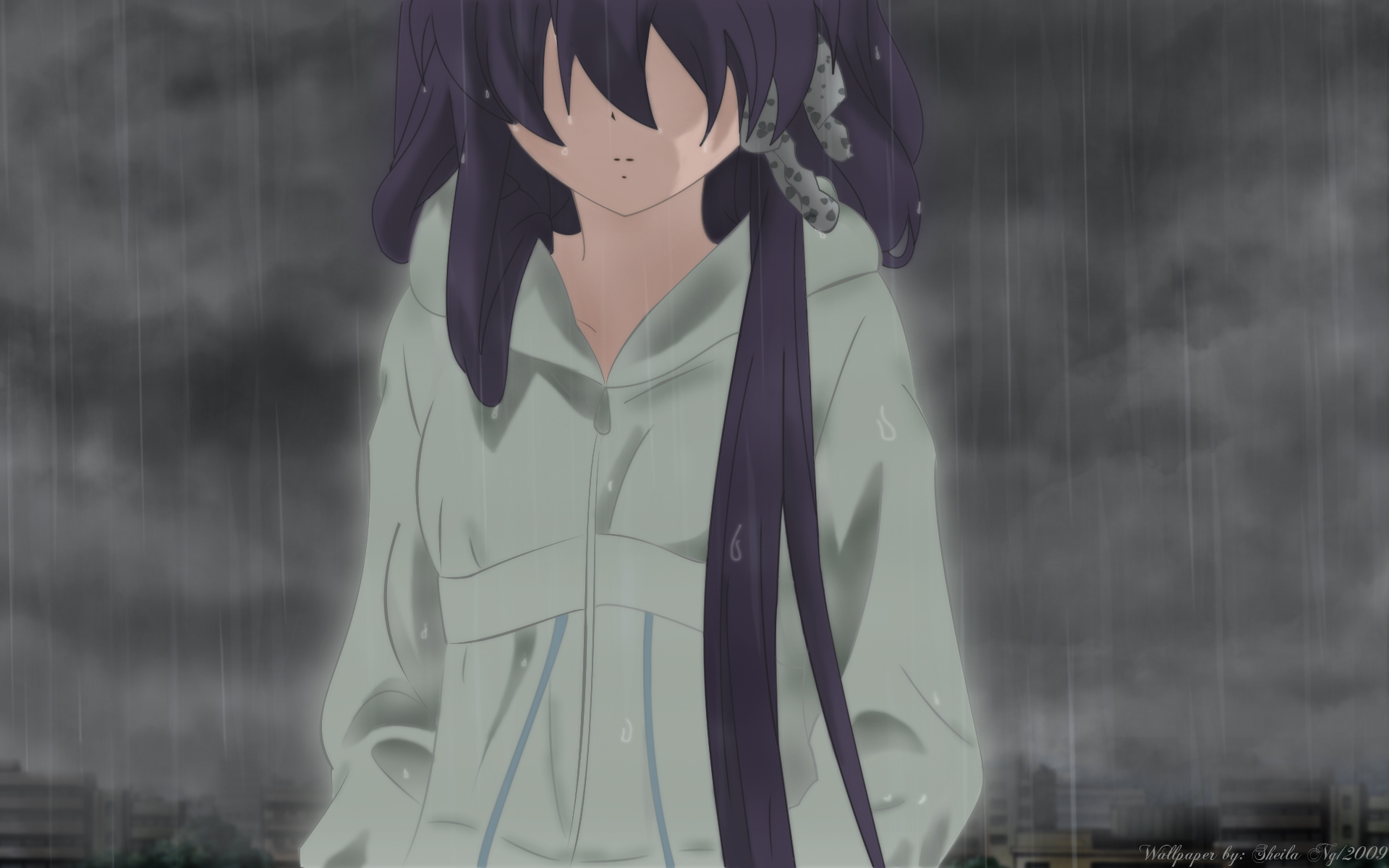 3d обои Грустная аниме девушка под дождем (Wallpaper by Sheila 2009)  дождь # 34383