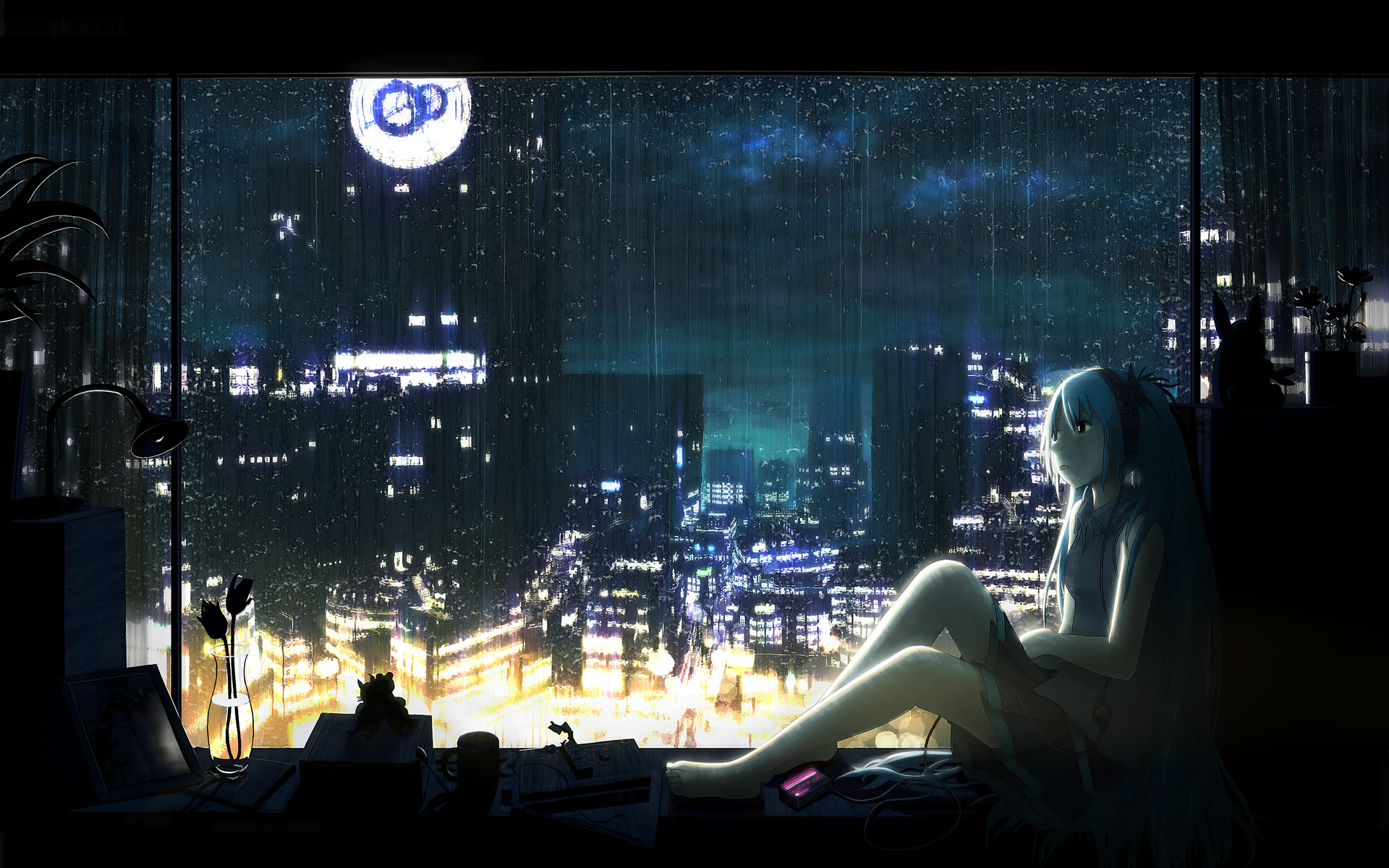 3d обои Вокалоид Мику Хатсуне сидит у окна во время дождя ночью  дождь # 34376