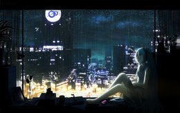 3d обои Вокалоид Мику Хатсуне сидит у окна во время дождя ночью  луна