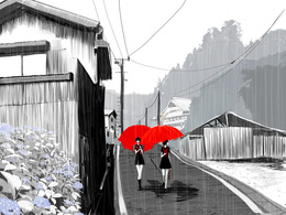 3d обои Девушки с зонтами идут по просёлочной дороге  манга