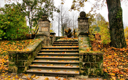 3d обои Старая каменная лестница в осеннем парке  листья