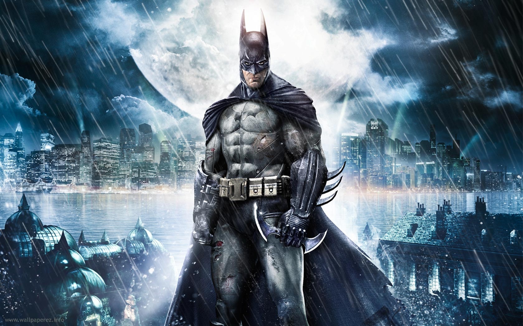 3d обои Бэтмен стоит под сильным дождём на фоне небоскрёбов Готэм-сити  город # 24216