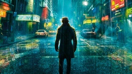 3d обои Из фильма Хранители - Мужчина стоит, не чувствуя дождя,  посреди улицы с яркими рекламами, с тротуара на него призывно смотрит уличная проститутка  авто
