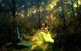 3d обои Девушка возле могилы в лесу  грустные