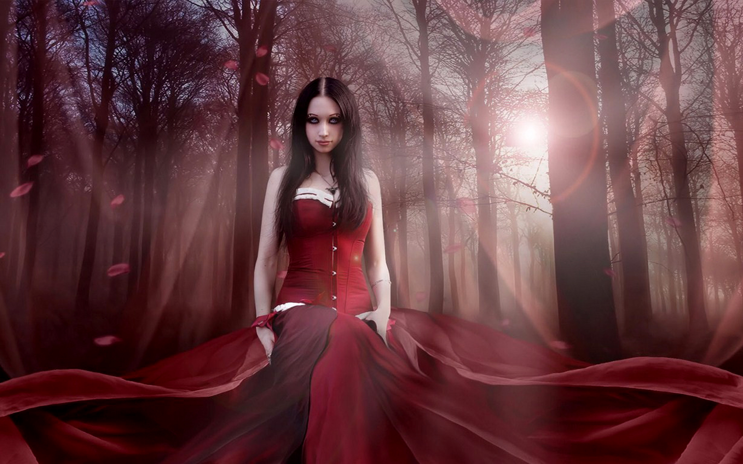 3d обои Готесса в красном платье в лесу  лес # 49402