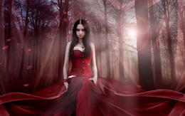 3d обои Готесса в красном платье в лесу  готические