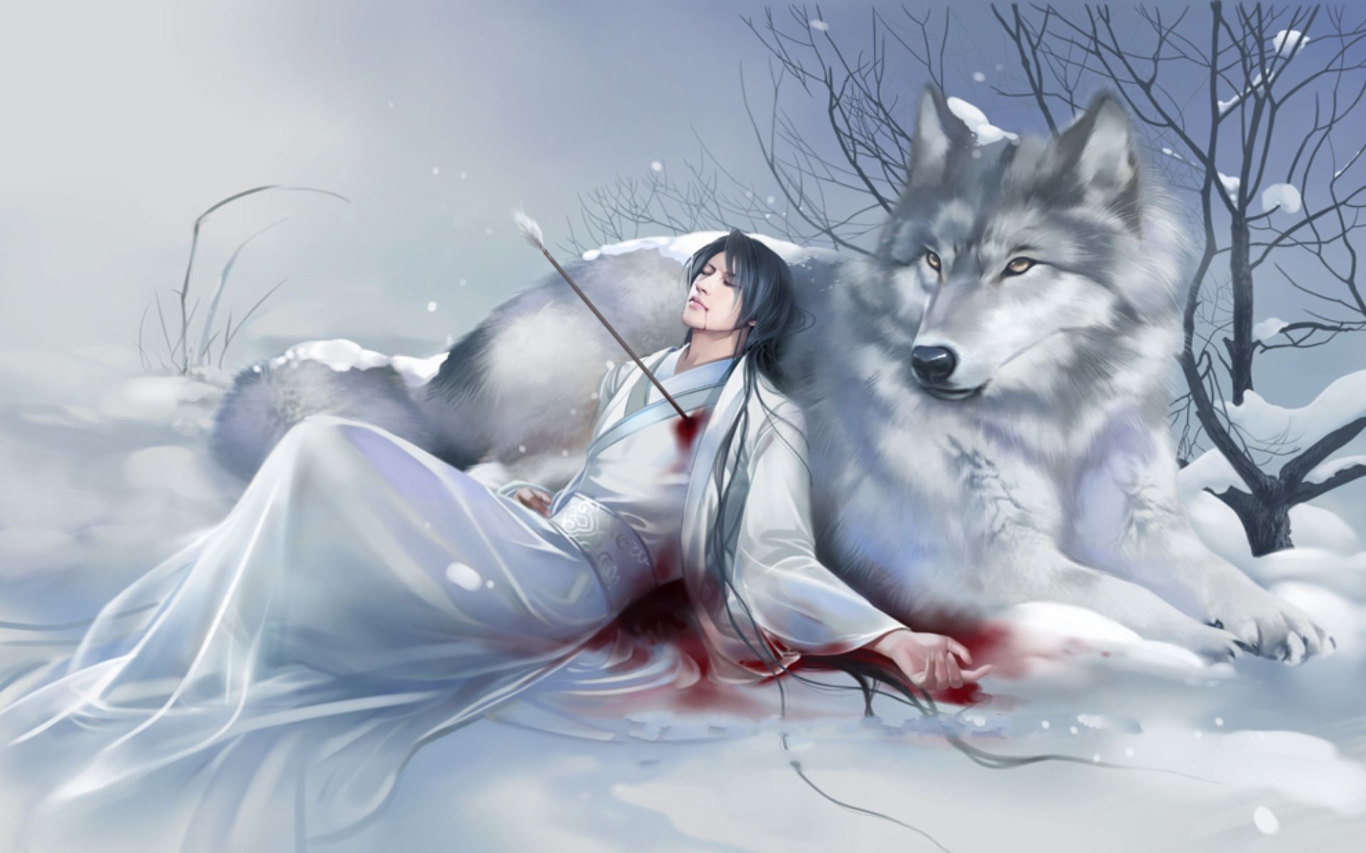 3d обои Пронзенный стрелой парень умирает рядом со своим единственным и верным другом  волки # 23517