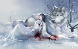 3d обои Пронзенный стрелой парень умирает рядом со своим единственным и верным другом  волки