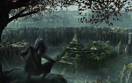 3d обои Парень с мечом смотрит на заброшенный город  деревья