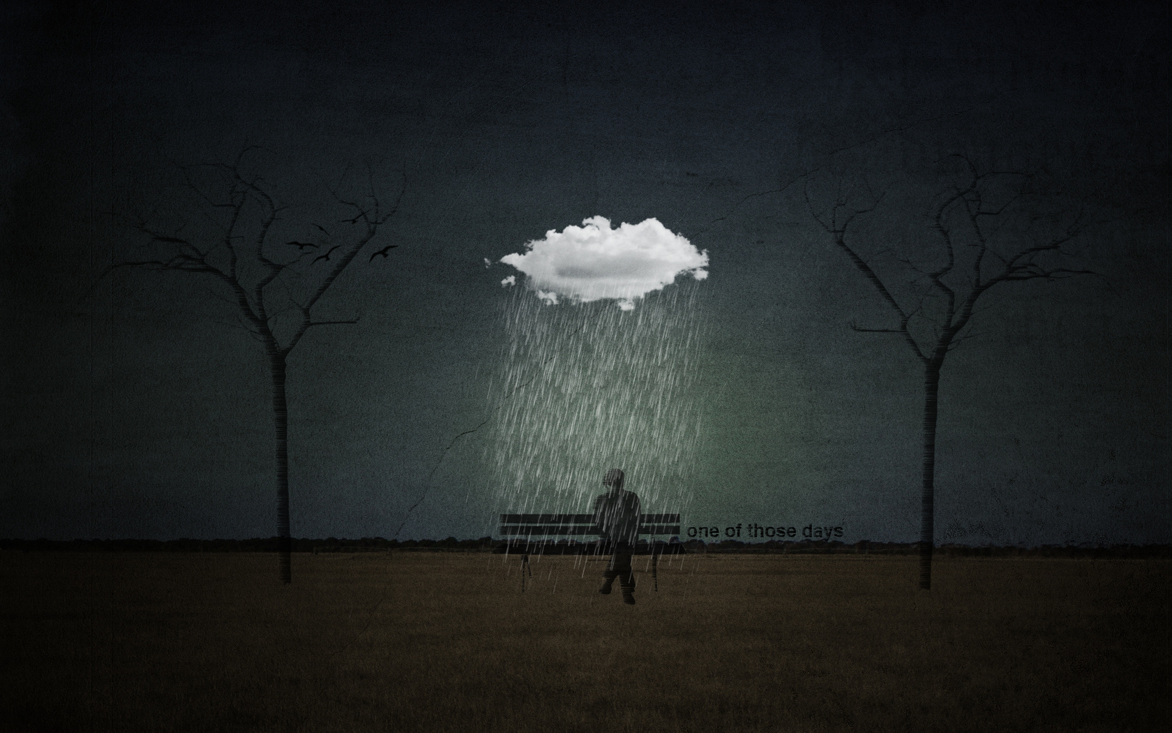 3d обои Грустная картина, мужчина сидит на лавочке и мокнет под дождём, рядом надпись one of those days  ретушь # 76409