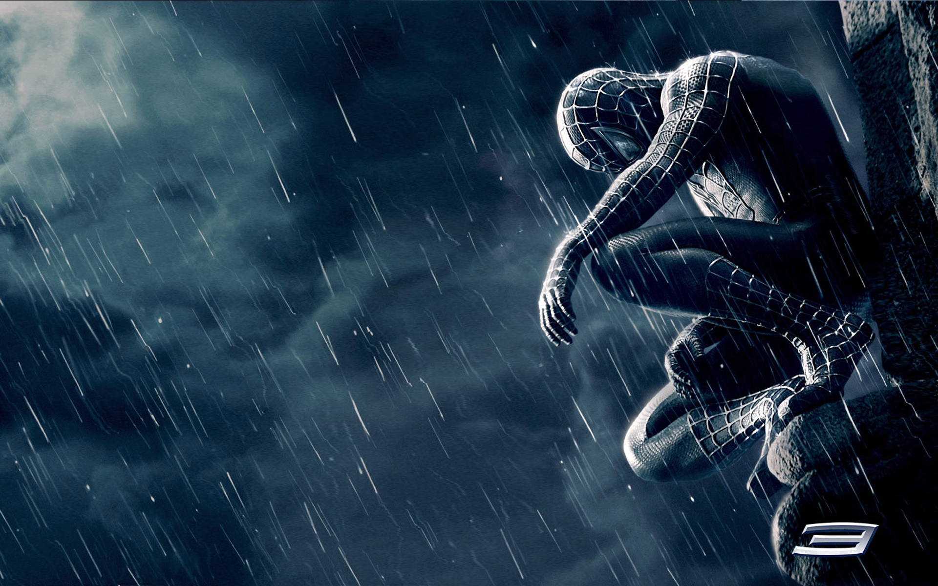 3d обои Spider-Man / Человек паук сидит под дождём во мраке ночи (3)  дождь # 34352